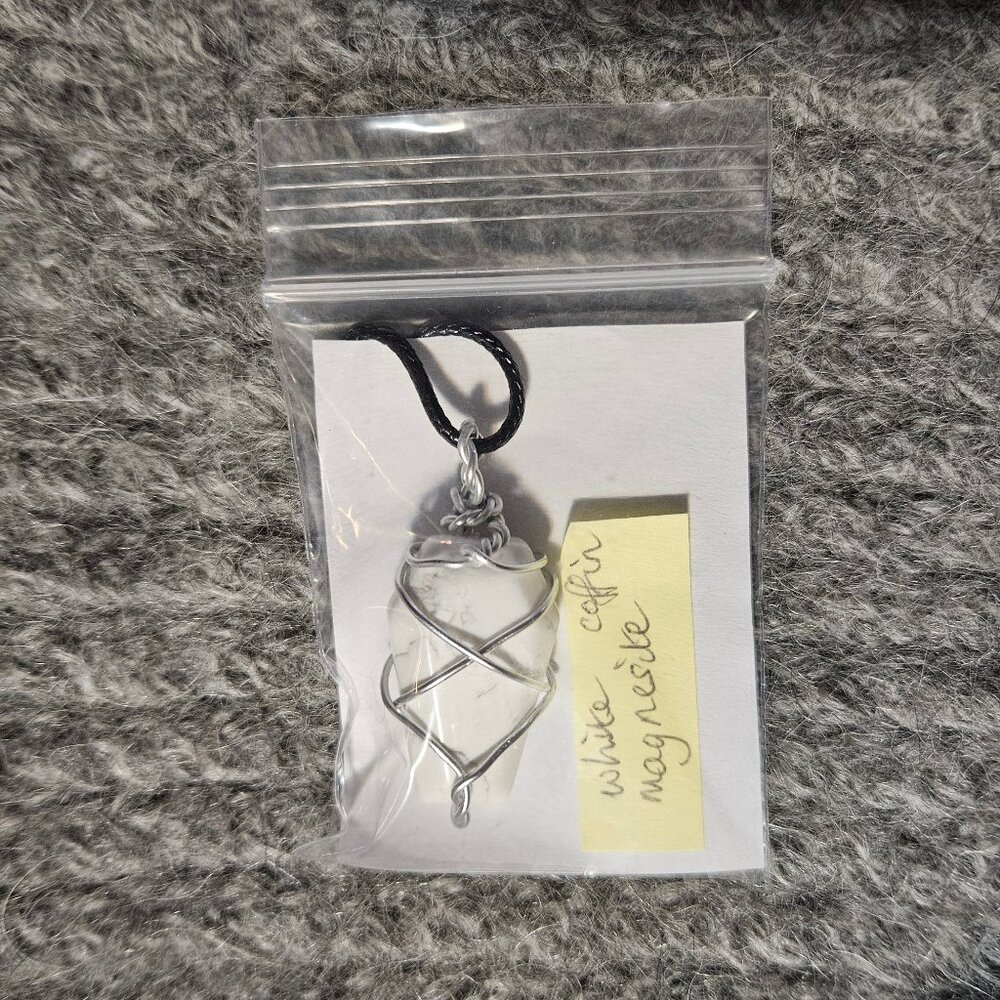 White howlite coffin gemstone/crystal pendant, black cord, new